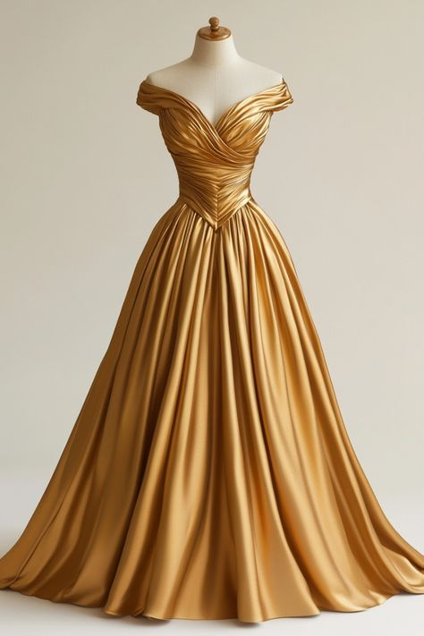 Retro Gold Off Shoulder A-Line Satin Formal Prom Dresses Evening Ball Gowns, DP5577