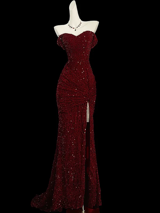 Burgundy Off Shoulder Mermaid Sequins Long Evening Party Dresses, DP5578