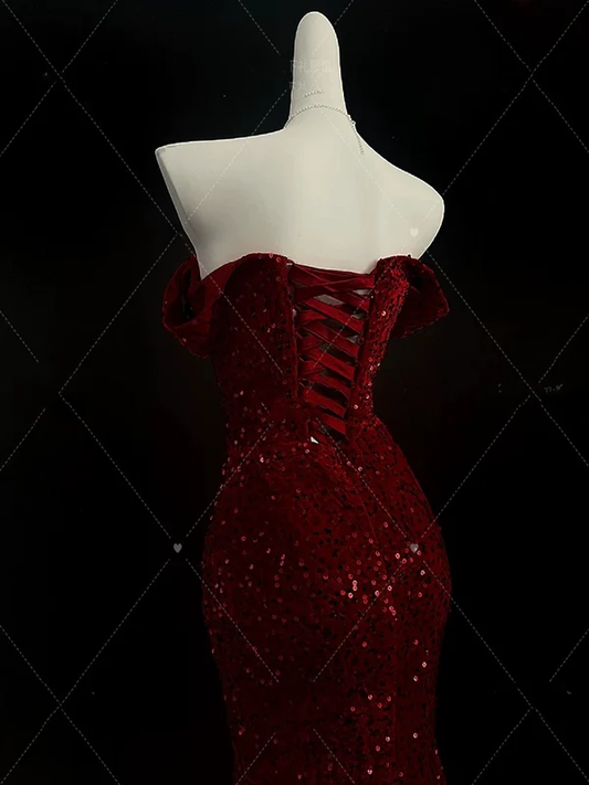 Burgundy Off Shoulder Mermaid Sequins Long Evening Party Dresses, DP5578