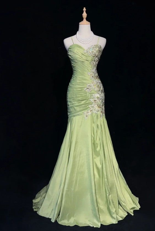 Green Spaghetti Straps Mermaid Appliques Vintage Long Evening Party Dresses, DP5582