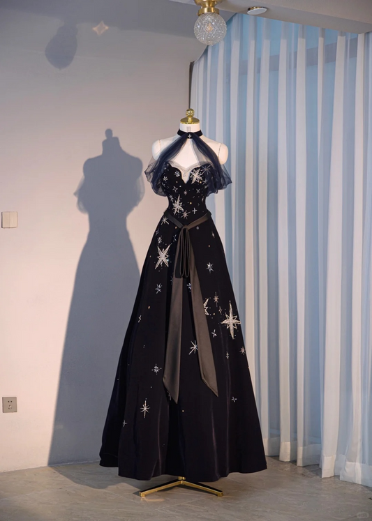 Black Halter Off Shoulder A-Line Long Formal Prom Dresses Evening Dresses, DP5583