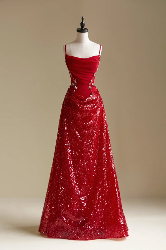 Charming Red Spaghetti Straps A-Line Sequins Long Evening Party Dresses, DP5584
