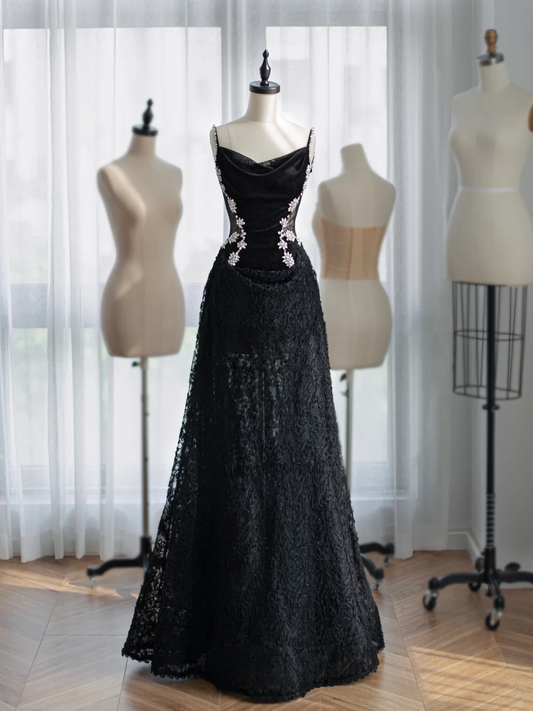 Charming Black Spaghetti Straps A-Line Beads Long Evening Party Dresses, DP5585