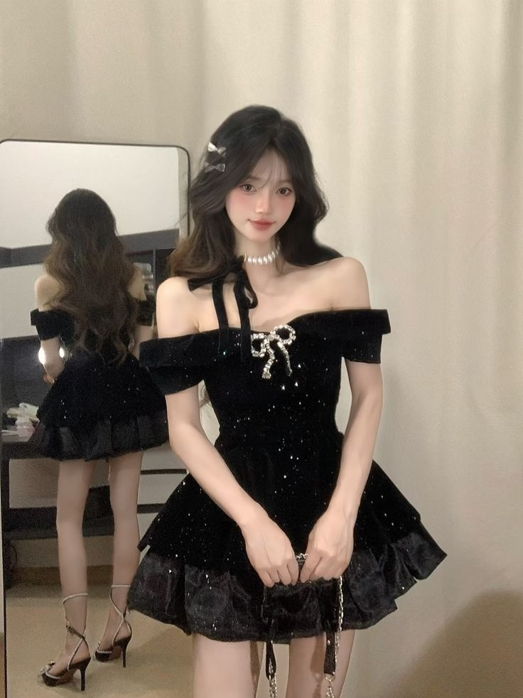 Black Off Shoulder A-Line Shiny Homecoming Dresses Birthday Outfits, DP5611