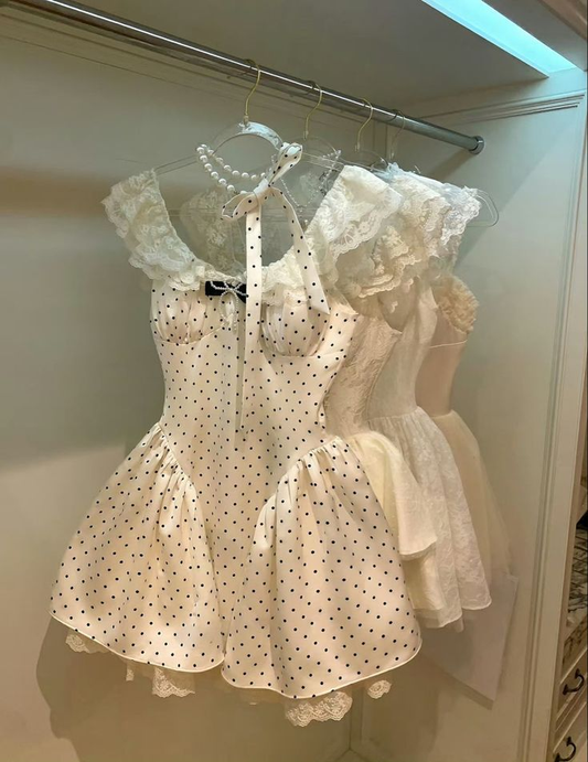 White A-Line Lace Polka Dots Homecoming Dresses Birthday Outfits, DP5612