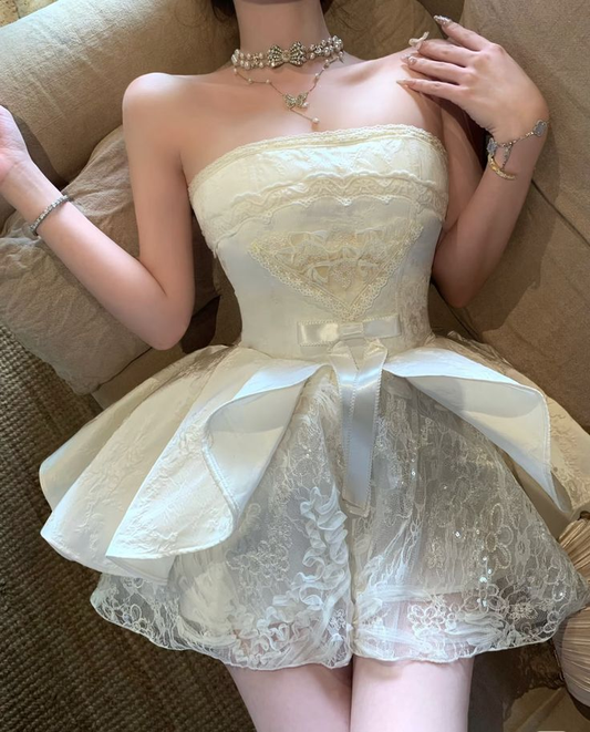 Cute White Strapless A-Line Lace Homecoming Dresses Birthday Outfits, DP5613