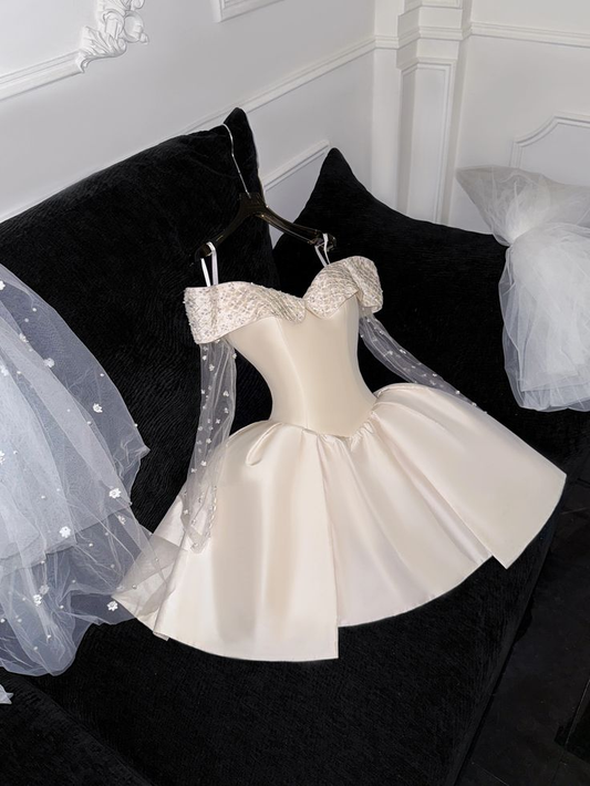 White Off Shoulder A-Line Satin Short Party Dresses Birthday Party Dresses, DP5617