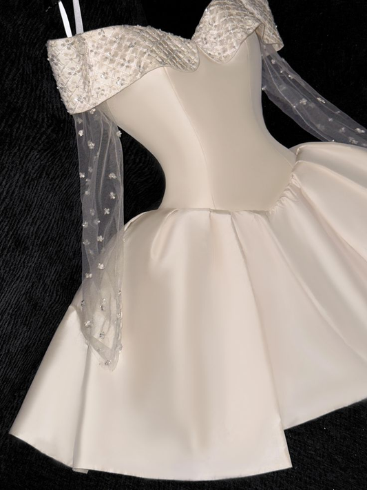 White Off Shoulder A-Line Satin Short Party Dresses Birthday Party Dresses, DP5617