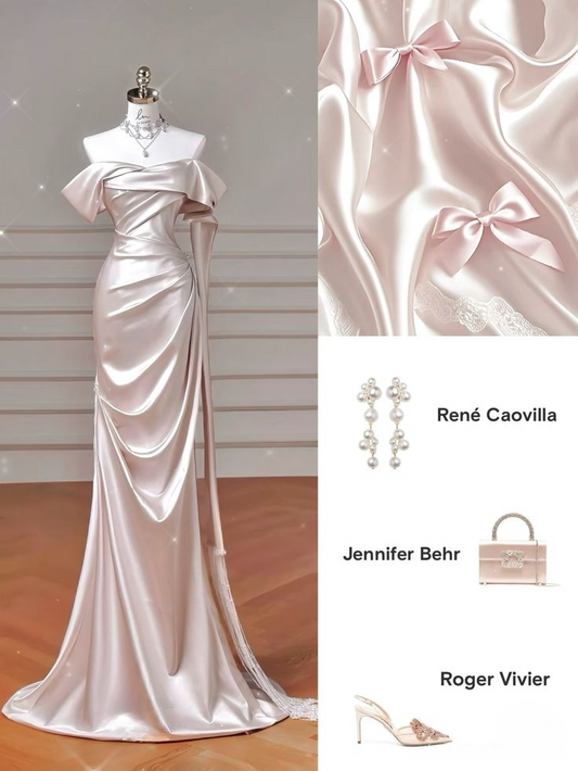 Light Pink Off Shoulder Mermaid Satin Long Prom Dresses Evening Party Dresses, DP5621