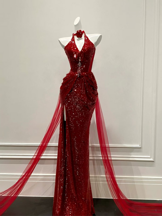 Sexy Red Halter Mermaid Sequins Long Evening Party Dresses Birthday Outfits, DP5622