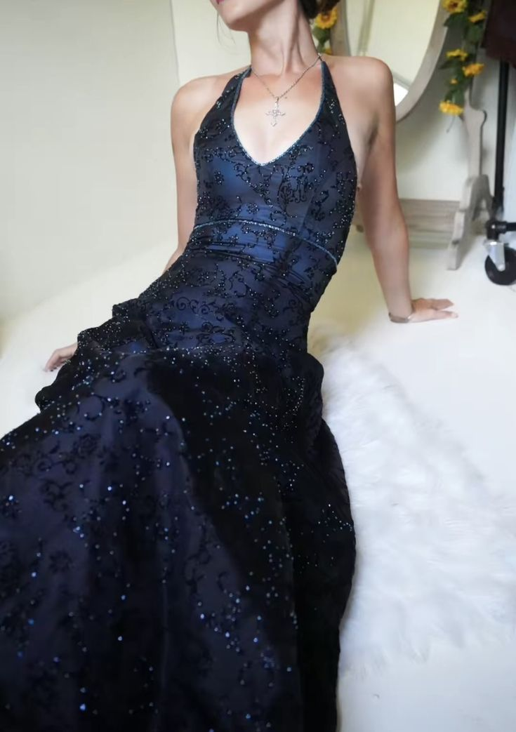 Navy Blue Halter Neck A-Line Shiny Long Formal Evening Party Dresses, DP5624