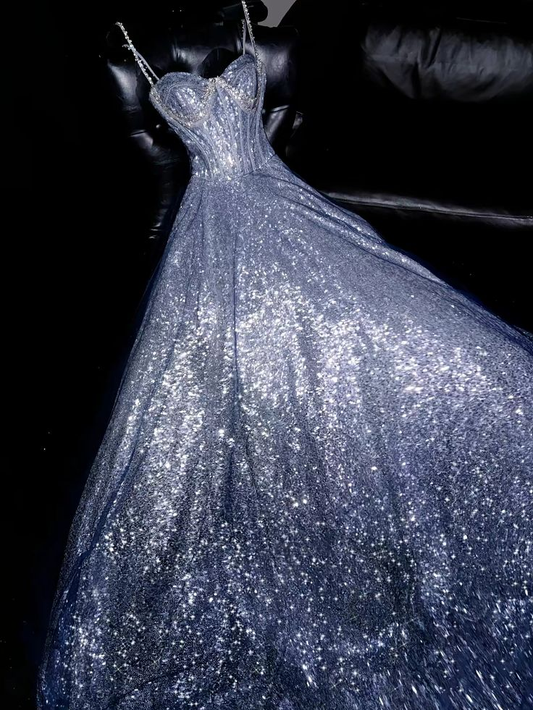 Silver Spaghetti Straps A-Line Sequins Long Party Dress Evening Gowns, DP5628