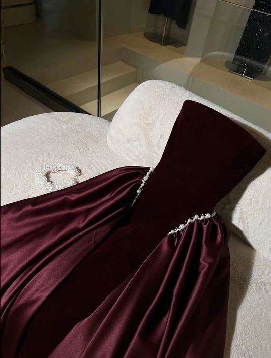 Elegant Burgundy Strapless A-Line Long Party Dresses Evening Gowns, DP5629
