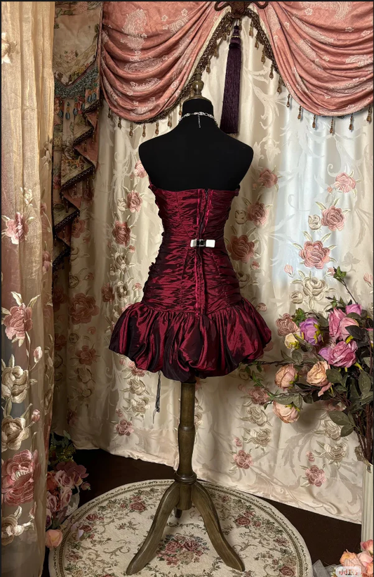 Burgundy Strapless A-Line Satin Beaded Vintage Short Party Dresses, DP5630