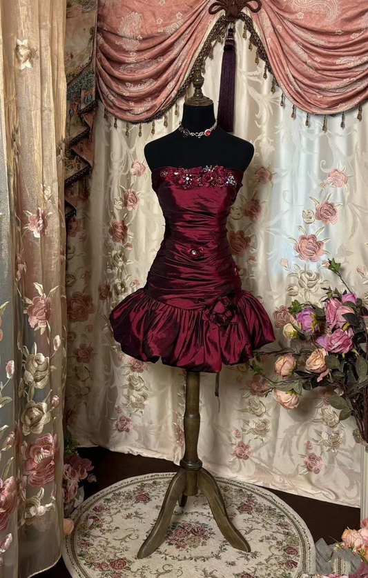 Burgundy Strapless A-Line Satin Beaded Vintage Short Party Dresses, DP5630