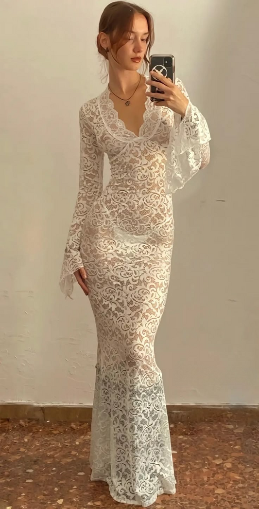 Sexy Long Sleeves Mermaid Lace Long Evening Dresses Birthday Dresses, DP5636