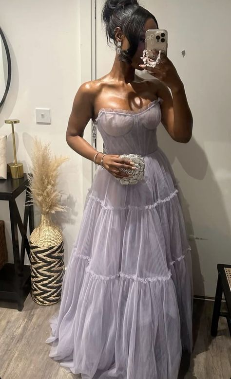 Light Lilac Strapless A-Line Tulle Long Prom Dresses Birthday Party Dresses, DP5692