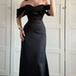Elegantes schwarzes schulterfreies Meerjungfrau-Satin-Abendkleid, langes Partykleid, DP5695