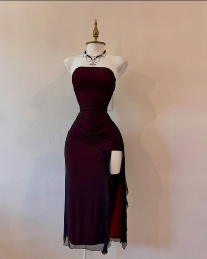 Vintage Burgundy Strapless Sheath Split Long Evening Party Dresses DP5700