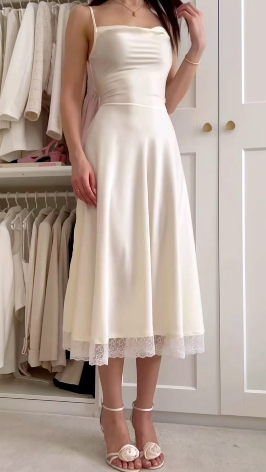 Elegantes Elfenbein-Trägerkleid A-Linie Satin Knöchellang Partykleid Geburtstagsoutfits, DP5753