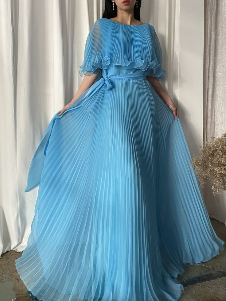 Elegant Blue A-Line Chiffon Modest Long Party Dress Formal Prom Dress, DP5054