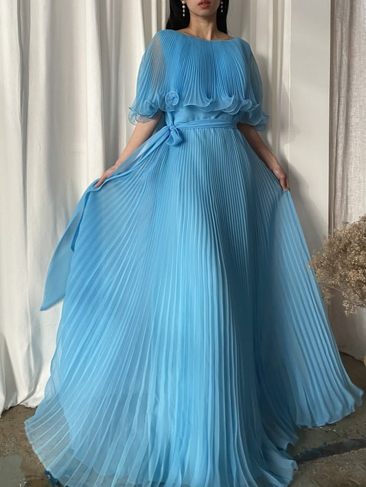 Elegant Blue A-Line Chiffon Modest Long Party Dress Formal Prom Dress, DP5054