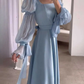 Elegant Blue A-Line Long Sleeves Long Party Dress Wedding Guest Dress, DP5055