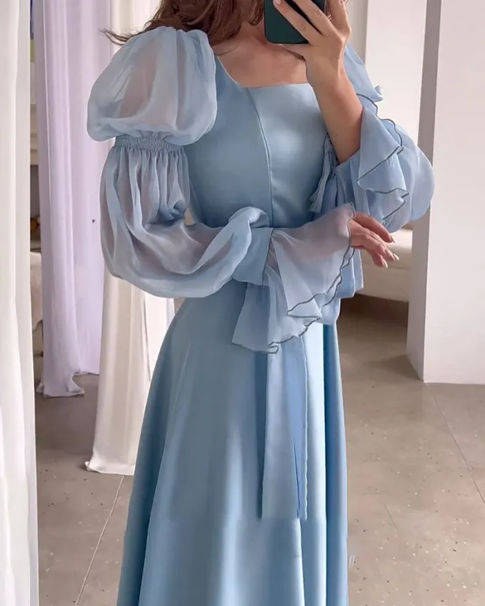 Elegant Blue A-Line Long Sleeves Long Party Dress Wedding Guest Dress, DP5055