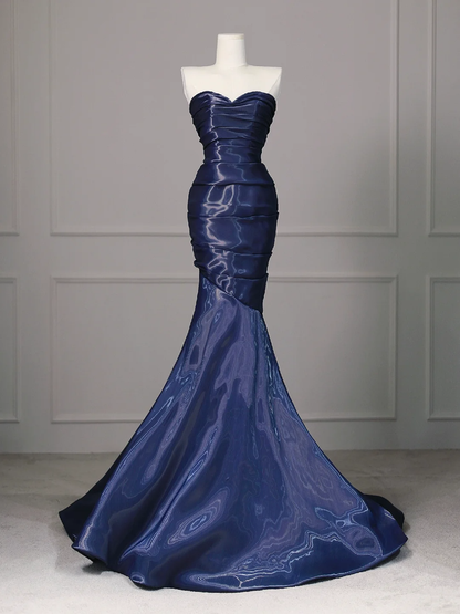 Marineblaues trägerloses Meerjungfrau-Chiffon-Abendkleid, lang, formelles Abendkleid, DP5038