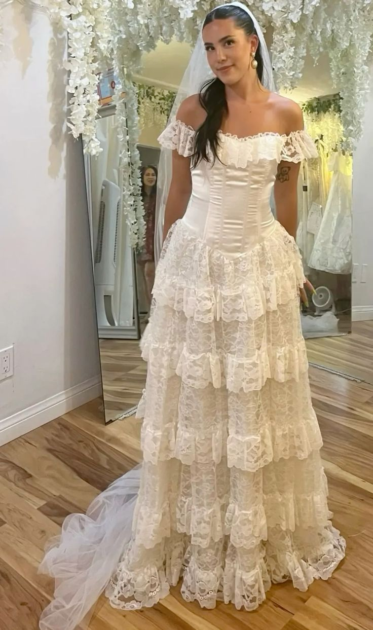 White Off Shoulder A-Line Lace Tiered Long Wedding Dress Birthday Outf DSProm White Off Shoulder A-Line Lace Tiered Long Wedding Dress Birthday Outf DSProm