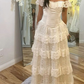 White Off Shoulder A-Line Lace Tiered Long Wedding Dress Birthday Outfits DP3846