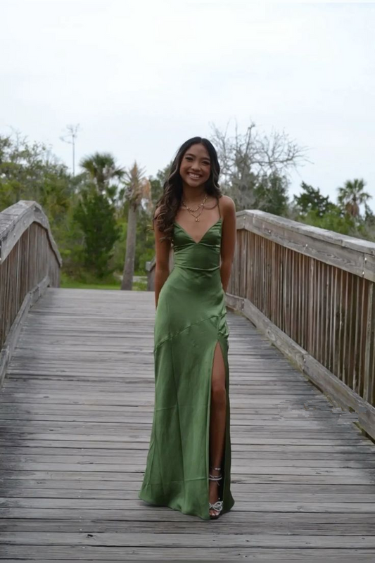 Green V Neck Spaghetti Straps Simple Long Party Dress with Split DP3847