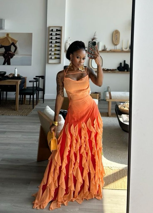 Orange Spaghetti Straps A-Line Ruffles Chic Long Party Dress DP3849