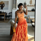 Orange Spaghetti Straps A-Line Ruffles Chic Long Party Dress DP3849