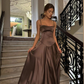 Elegant Brown Spaghetti Straps A-Line Satin Long Prom Party Dress DP3851