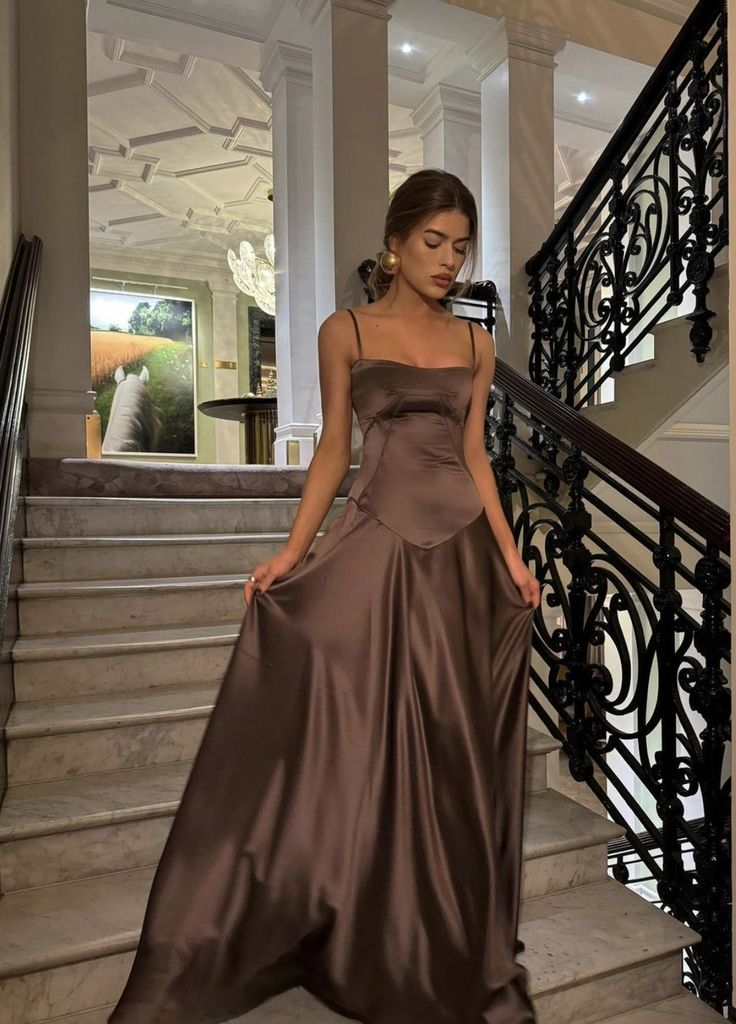 Elegant Brown Spaghetti Straps A-Line Satin Long Prom Party Dress DP38 – DSProm