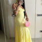 Yellow Spaghetti Straps Mermaid Long Party Dress Wedding Guest Dress DP3852