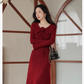 Robe de bal fourreau bordeaux vintage, robe de soirée à manches longues, robe longue en tricot, DP6701