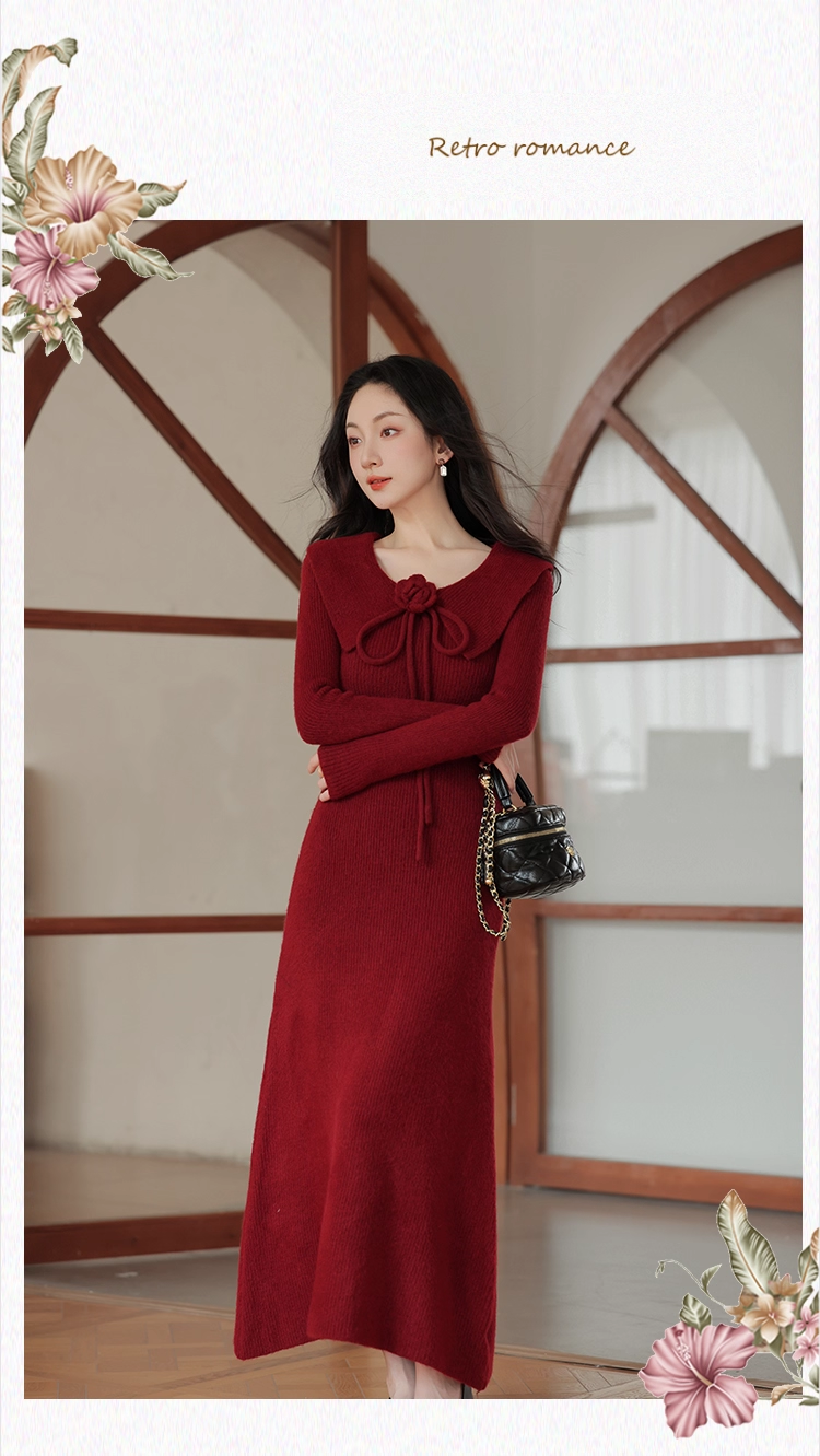 Robe de bal fourreau bordeaux vintage, robe de soirée à manches longues, robe longue en tricot, DP6701