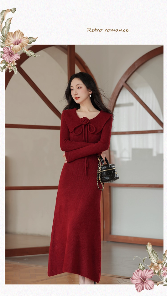 Robe de bal fourreau bordeaux vintage, robe de soirée à manches longues, robe longue en tricot, DP6701