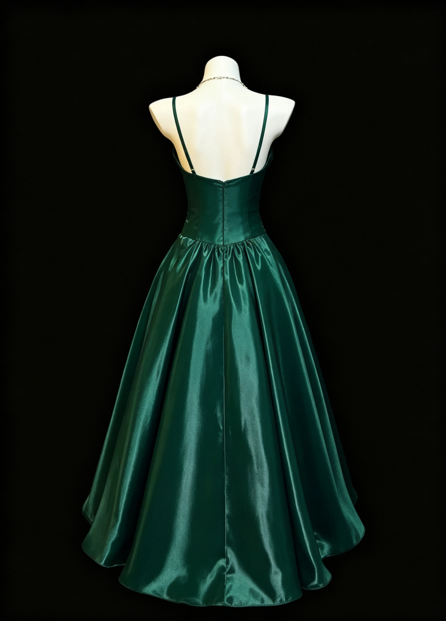 Elegant Emerald Green Spaghetti Strap Satin A-Line Long Prom Evening Dress DP8659