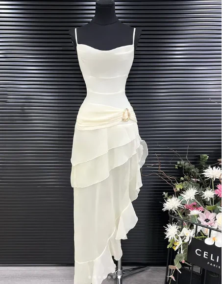 Elegant Ivory Satin Spaghetti Strap Maxi Dress Irregular Ruffle Hem Sh – DSProm Elegant Ivory Satin Spaghetti Strap Maxi Dress Irregular Ruffle Hem Sh – DSProm