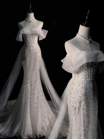 Elegant Off-Shoulder Glittering Tulle Wedding Dress Mermaid Bridal Gown DP7053