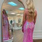 Hot Pink V Neck Backless Sequin Long Prom Dress with Slit, DP2063