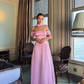 Vintage Off-the-Shoulder Satin & Chiffon Prom Dress Draped Neck Scarf Evening Gown DP8144