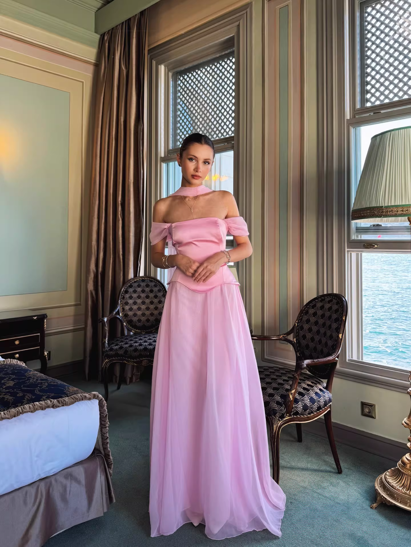 Vintage Off-the-Shoulder Satin & Chiffon Prom Dress Draped Neck Scarf Evening Gown DP8144