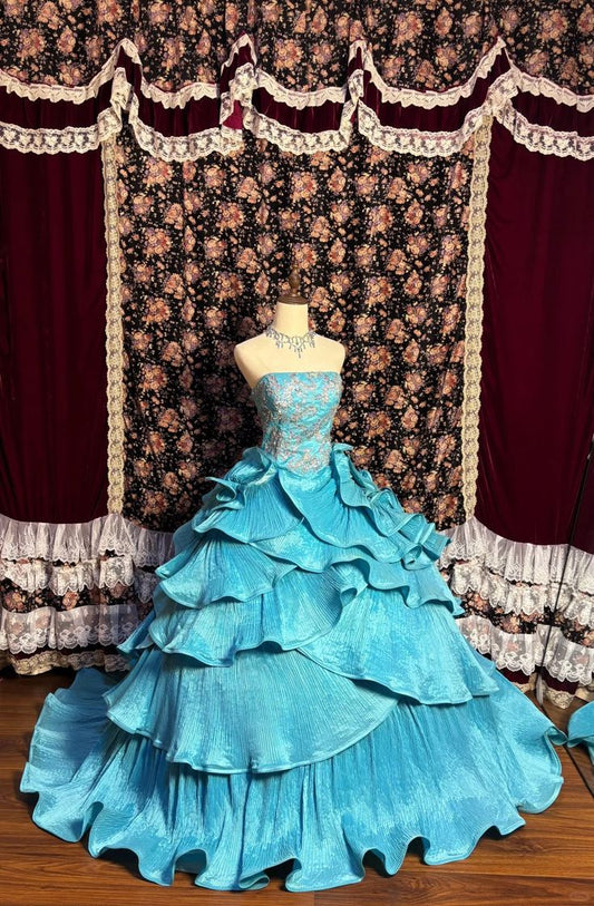 Gonne de bal vintage turquoise à plusieurs volants – Robe de princesse en organza brodée sans bretelles pour Quinceañera DP7009