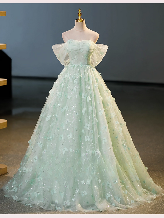 Vintage Light Green Tulle Sweet 16 Quinceanera Sweetheart Off-the-shoulder 3D Flowers Evening Dress A-Line Floor Length Ball Gown DP6911