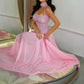 Elegant Pink Rhinestone Embellished Square Neck Corset Bodice Chiffon Formal Evening Gown DP8191