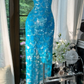Vintage Blue Mermaid Sparkling Long Chiffon Spaghetti Strap Romantic Ball Gown Evening Dress Prom Dresses DP6006